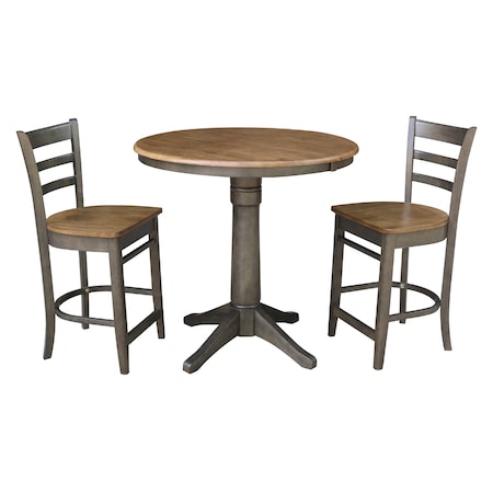 International Concepts Round 36 in Rd Extension Dining Table, 2 Counter Ht Stools, Hickory/Washed Coal, 36 in W, 48 in L K45-36RXT-27-S6172-2